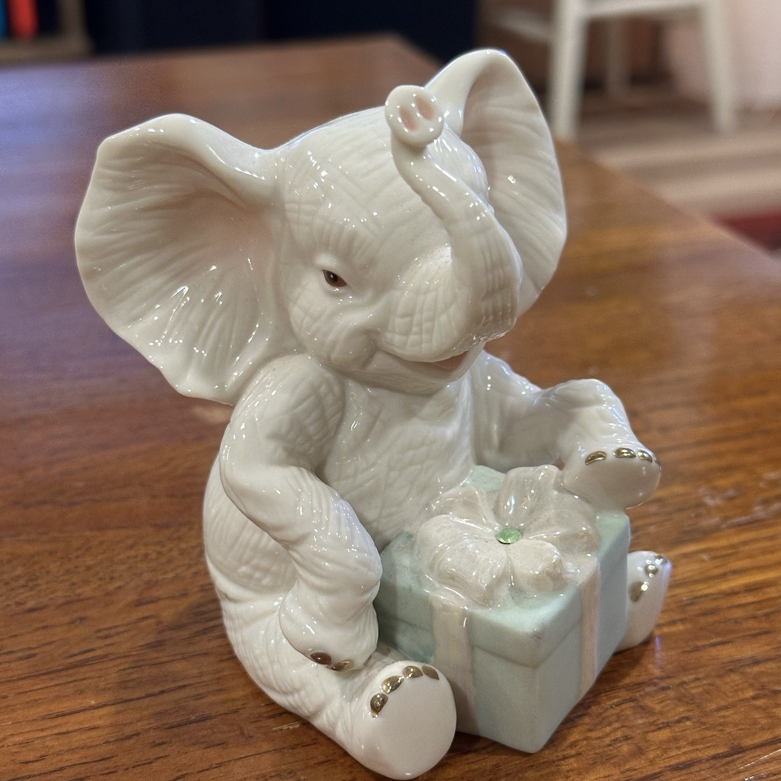 Lenox Birthday Wishes Elephant Figurine 4” Fine Ivory China 24K Gold Green Gem