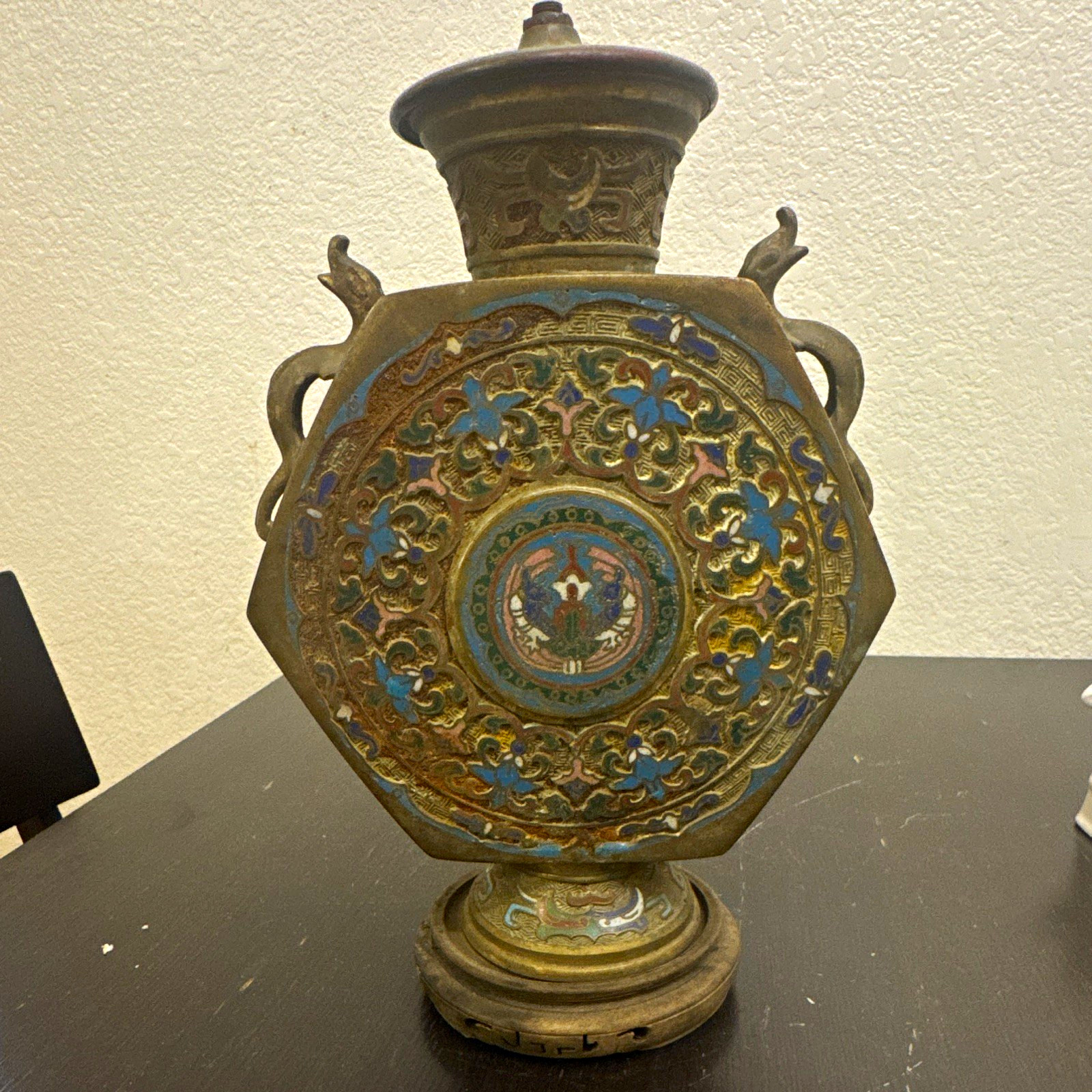 ANTIQUE JAPANESE CHAMPLEVE CLOISONNÉ MOON FLASK VASE DRAGON HANDLES 14.5 height ANTIQUE JAPANESE CHAMPLEVE CLOISONNÉ MOON FLASK VASE DRAGON HANDLES 14.5 height