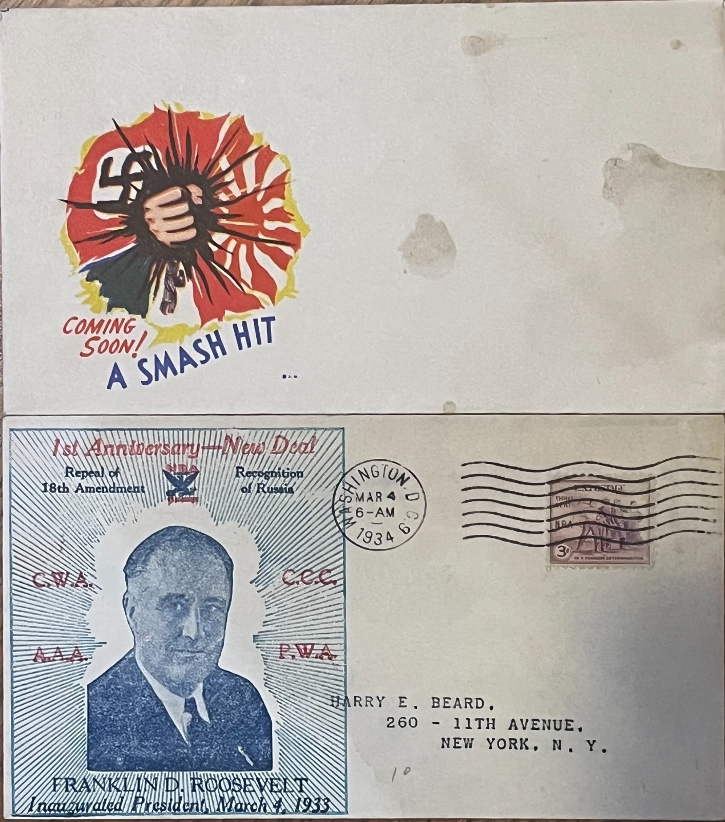 2x Vintage Envelopes World War II New Deal 1st Anniversary FDR 1934