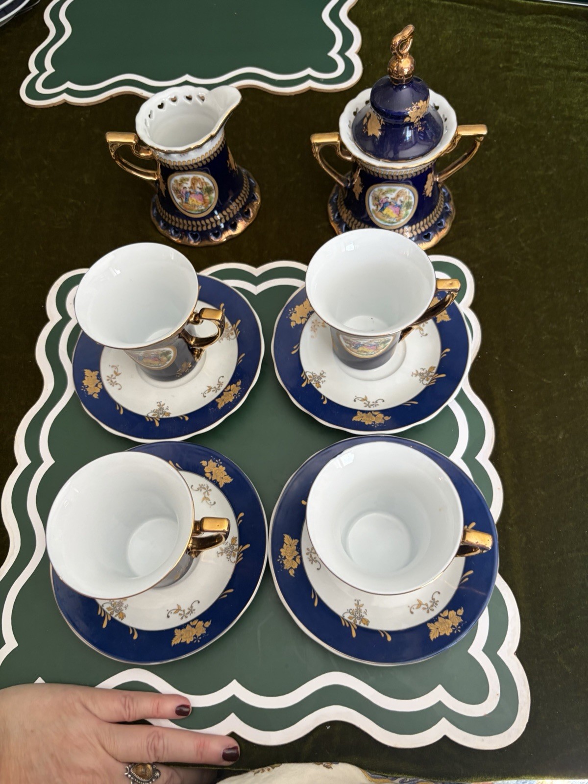 Vtg French  Cobalt Blue Gold Porcelain Coffee Tea Set Of 4 Cups Creamer Sugar