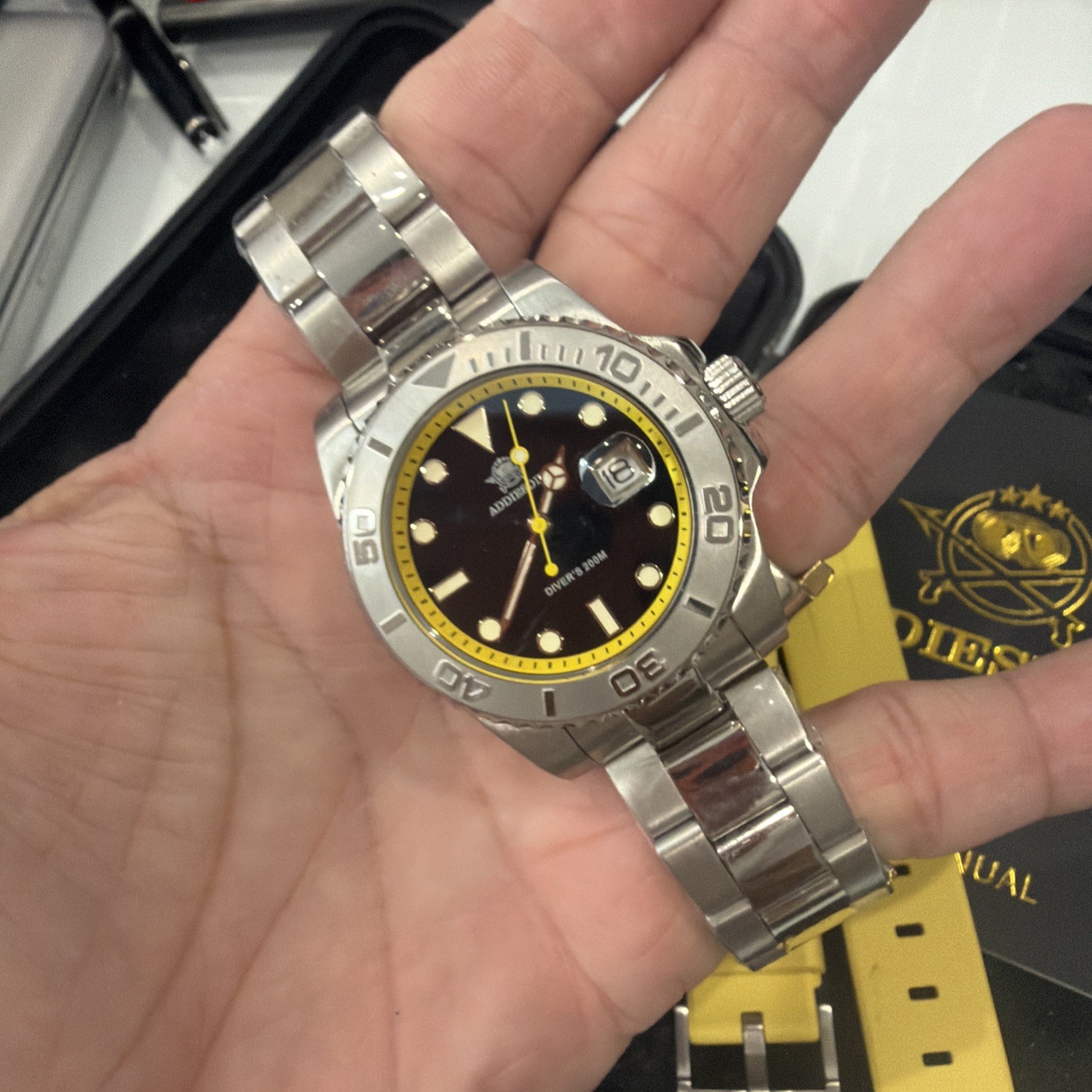 addiesdive Diver Watch Quartz 41mm 200M Waterproof Yellow Stainless Steel