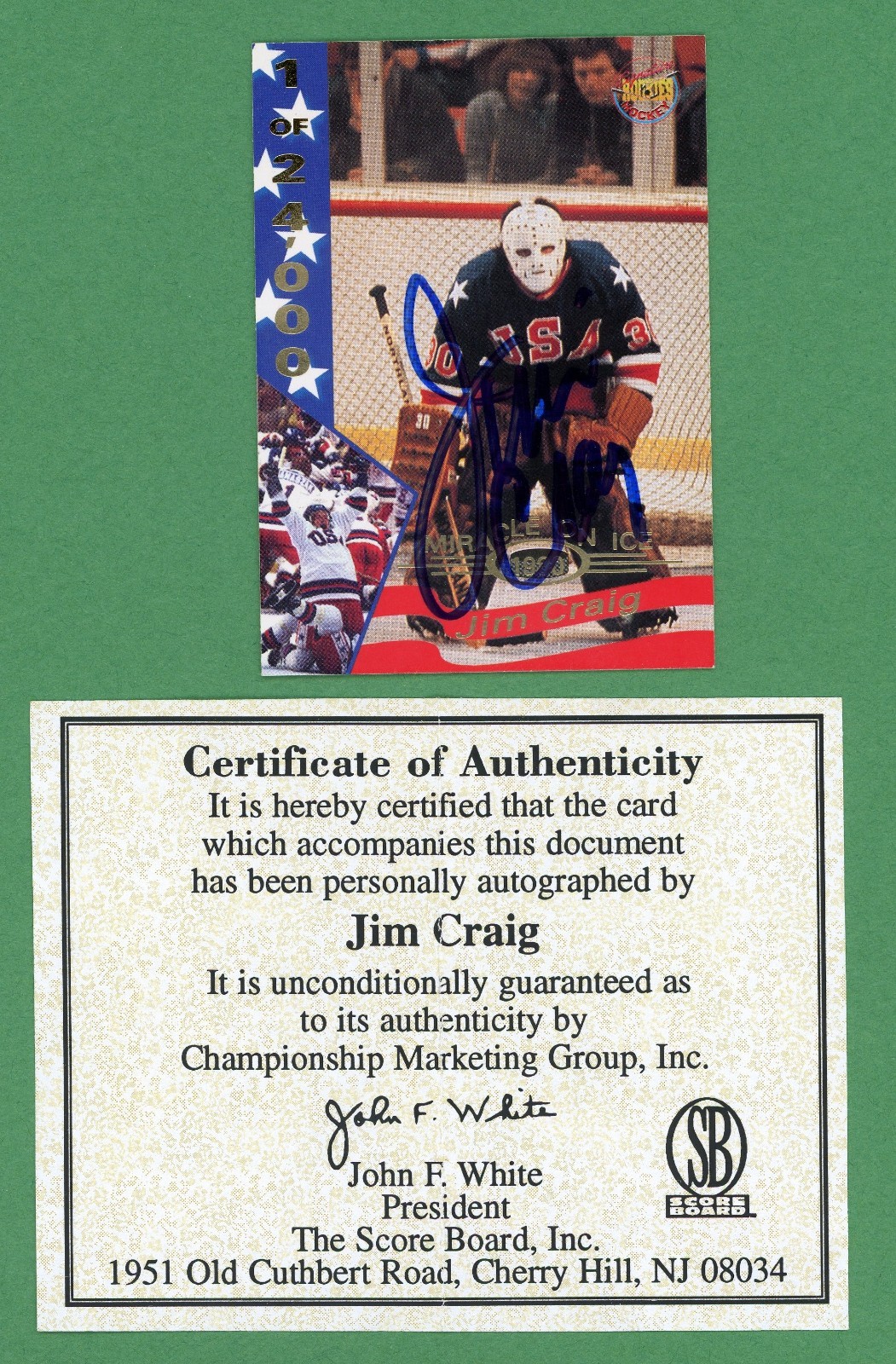 Jim Craig Miracle On Ice 1980 USA Olympic Gold Hockey Signed Card E29239