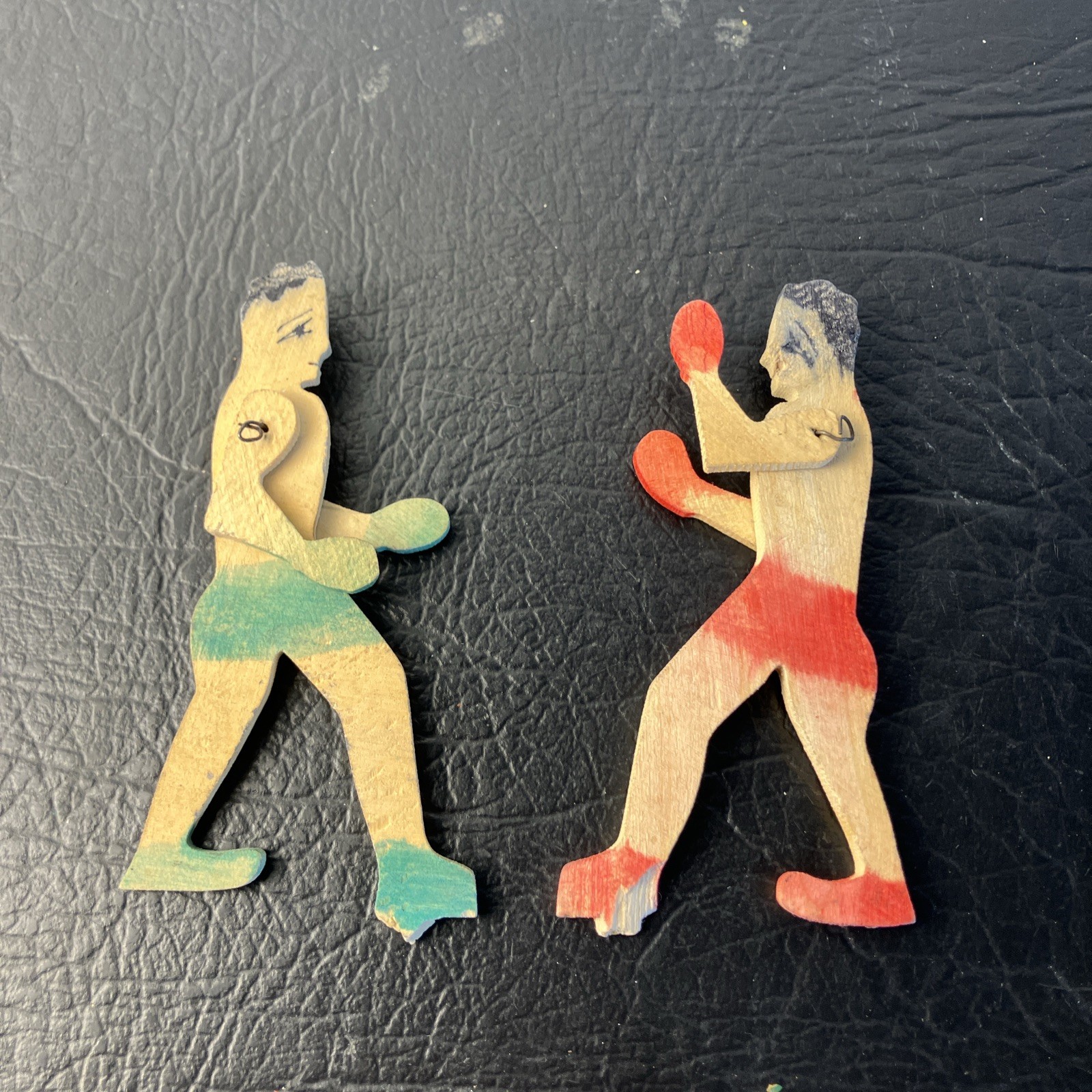 BOXING, RARE ANTIQUE FOLK ART WOODEN BOXERS MOVABLE ARMS HANDMADE 