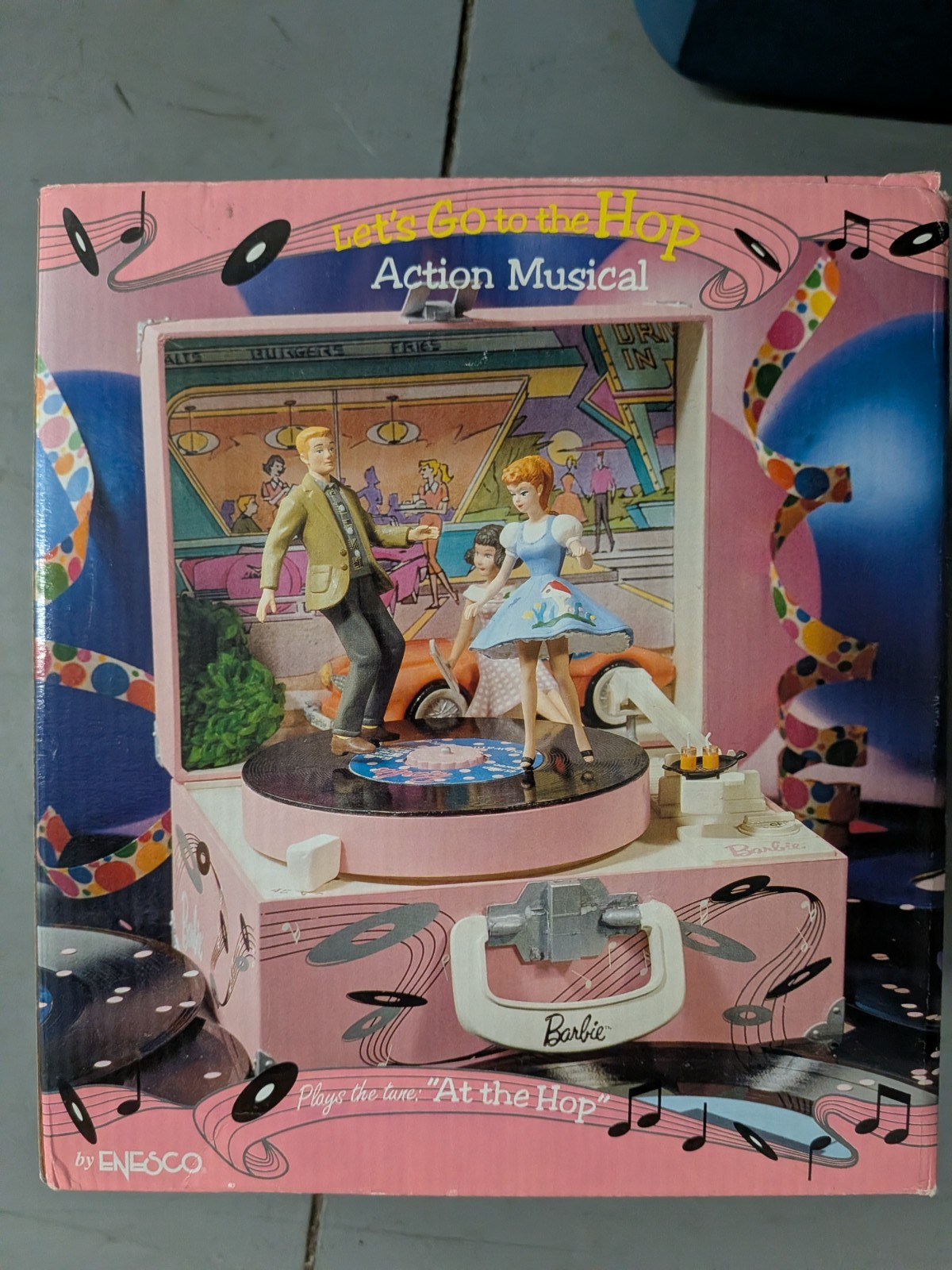 NRFB Enesco Barbie Action Musical Music Box “Let’s Go to the Hop”