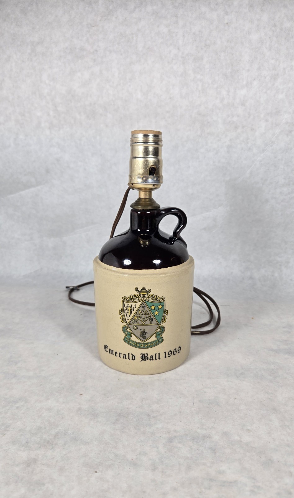Vintage Kappa Delta Sorority Stoneware Drinking Jug Lamp Emerald Ball 1969 WORKS
