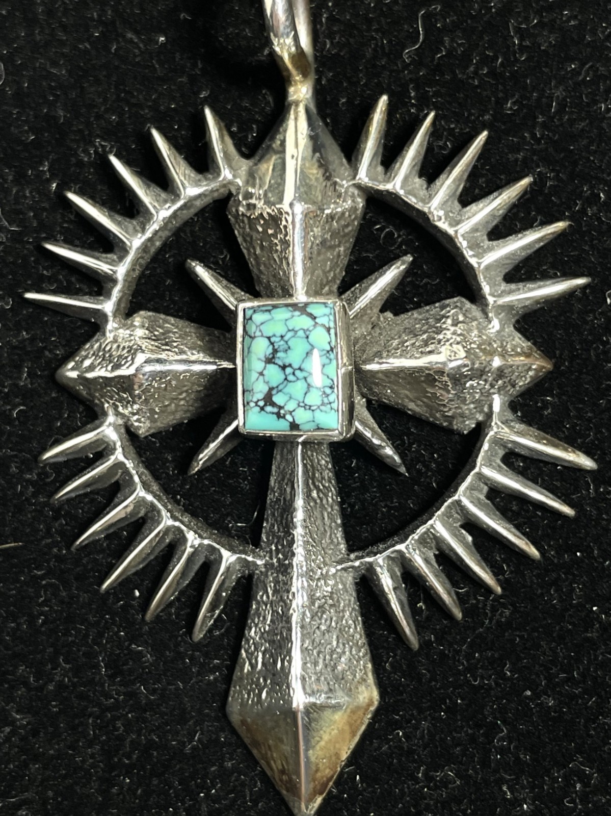 Aaron Anderson, Navajo, Tufa Cast S Silver Cross with Kingman Turquoise.