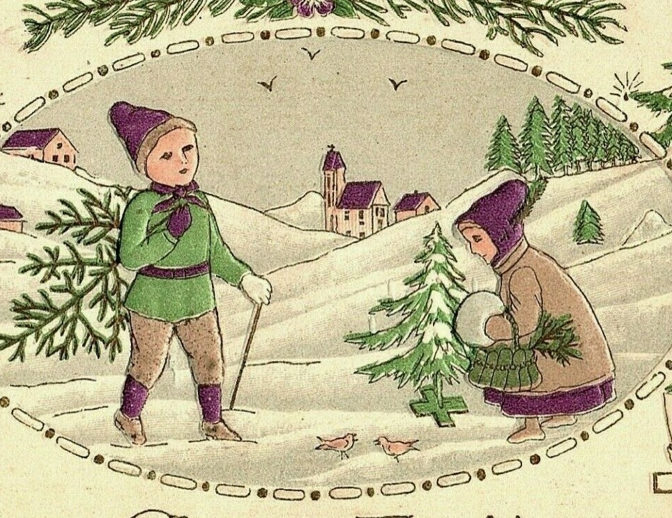 c1911 God Jul Merry Christmas Postcard Kids Snow Scene Mountain Purple Hats