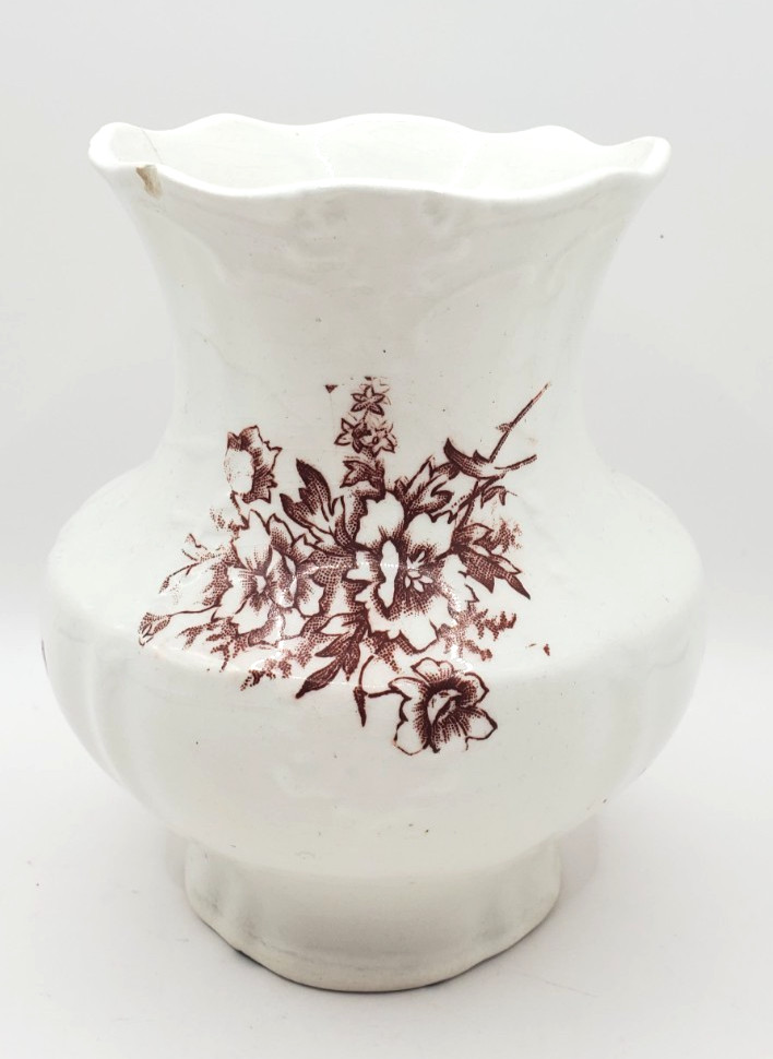 Antique Harker Pottery Co. Brown Floral Transferware Scalloped Rimmed Vase