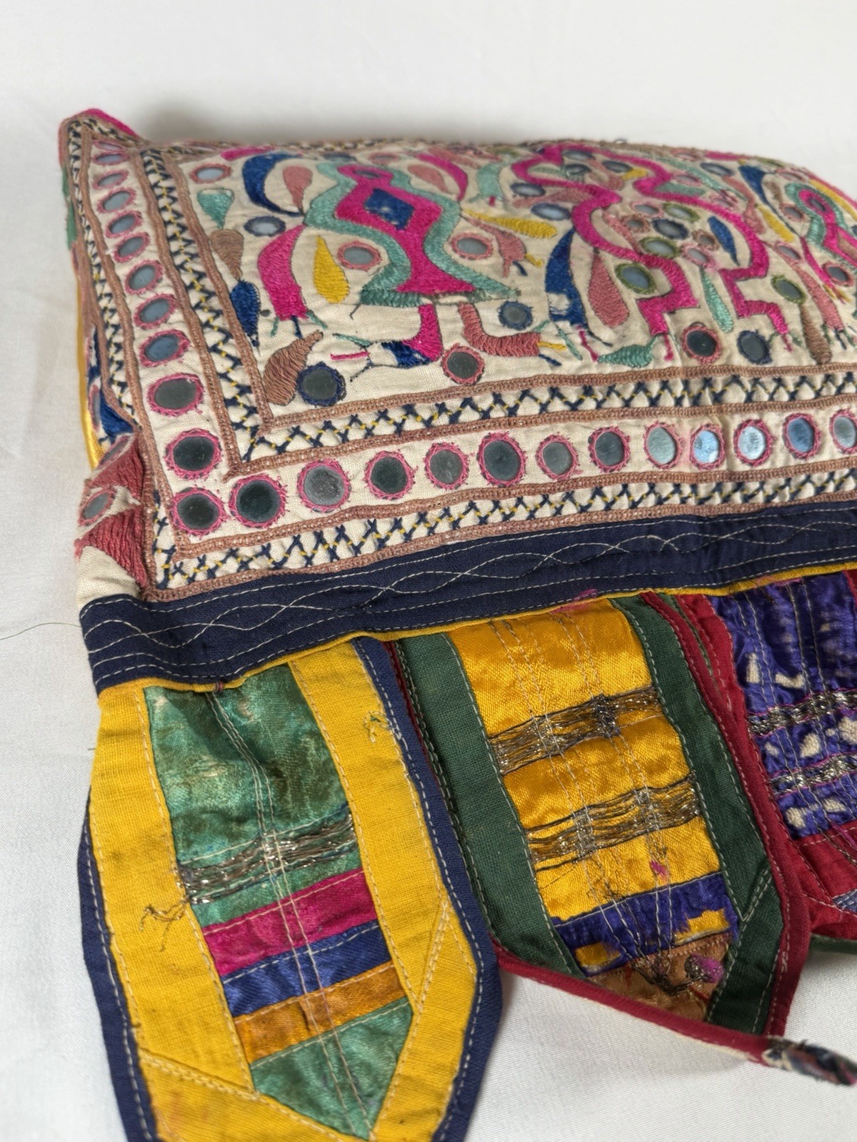 Vintage Banjara Mirror Work Embroidered Pillow Cushion Cover India Tribal Textil