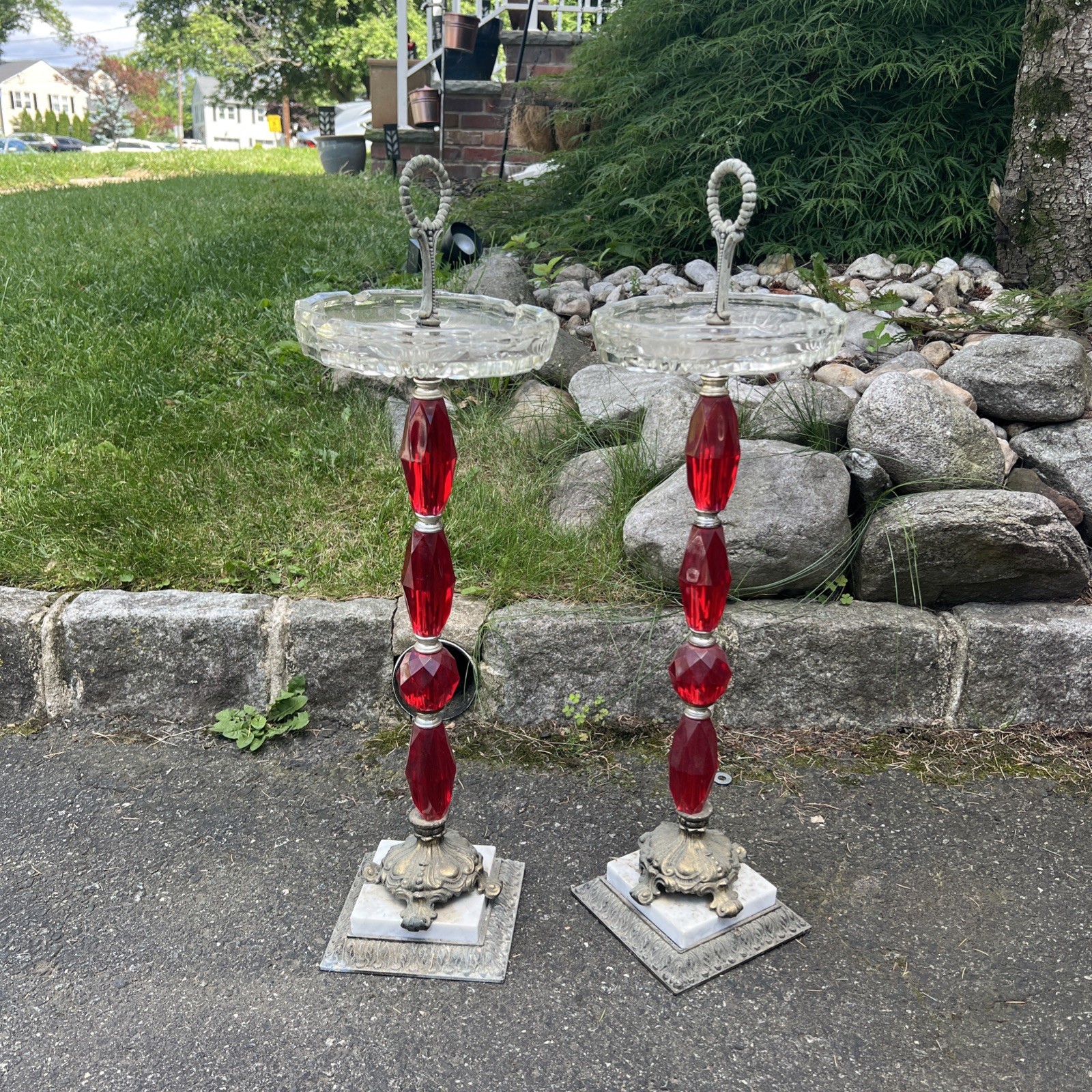 Set Of 2 Vintage 1950’s Smoking Stands Ashtrays W Ruby Red And Marble movie Prop
