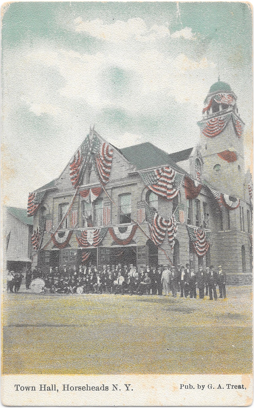 Horseheads NY Town Hall Flag Draped c1910 G.A. Treat Postcard