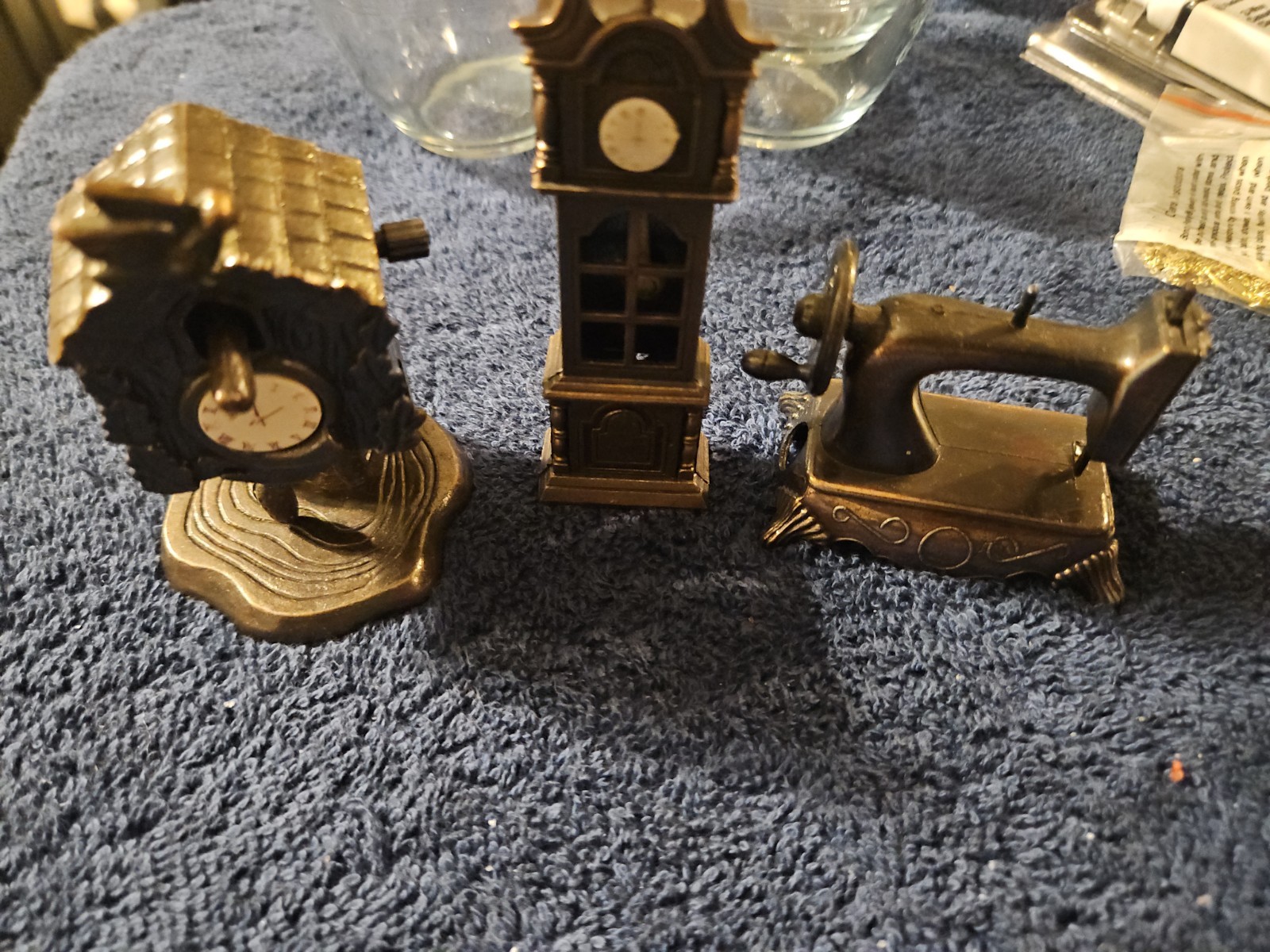 Lot of 3 Vintage Die Cast Metal Miniature Pencil Sharpeners Clocks Sewing