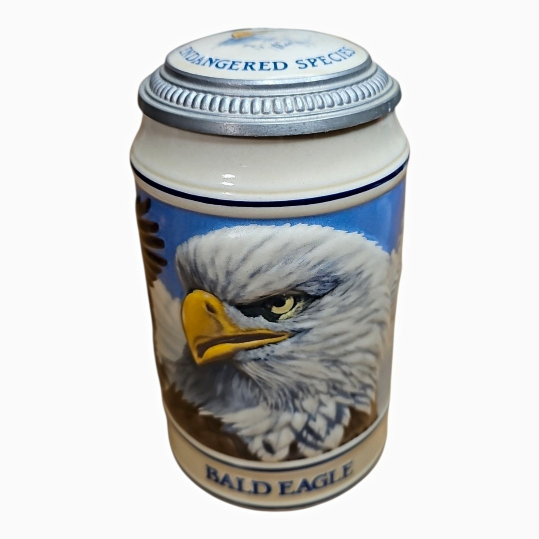 1989 Vintage Budweiser Endangered Species  Stein Bald Eagle Pewter Lid Ceramarte