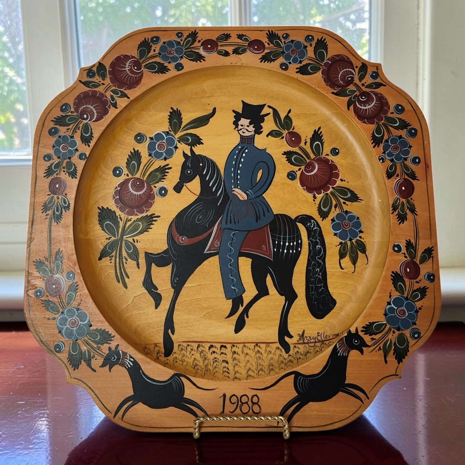 Vtg Rosemaling Wood Plate Hand Painted  1988 Signed Mary Ellerman 12.75\