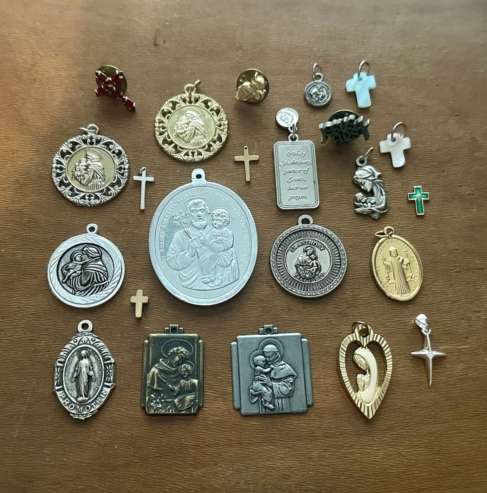 Vintage to Mod Lot 23 Catholic Pendants Medals Virgin Mary St Anthony St Joseph