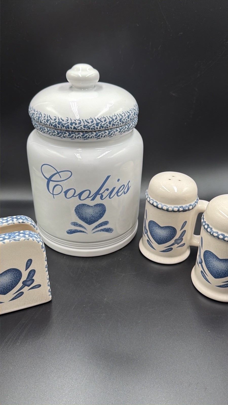VTG 90s Country Rustic Blue Heart Stoneware Grandma Core Cookie Napkin Salt Pep