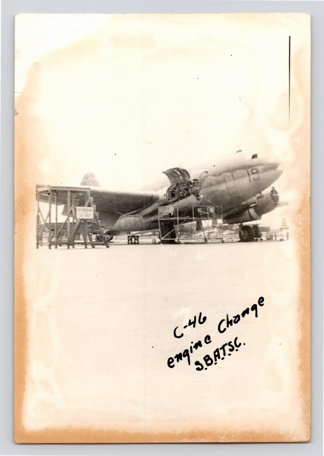 Curtiss C-46 Commando Engine Change S.B.A.T.S.C. Airplane Photo c1950s 3.5 x 5\ Curtiss C-46 Commando Engine Change S.B.A.T.S.C. Airplane Photo c1950s 3.5 x 5\