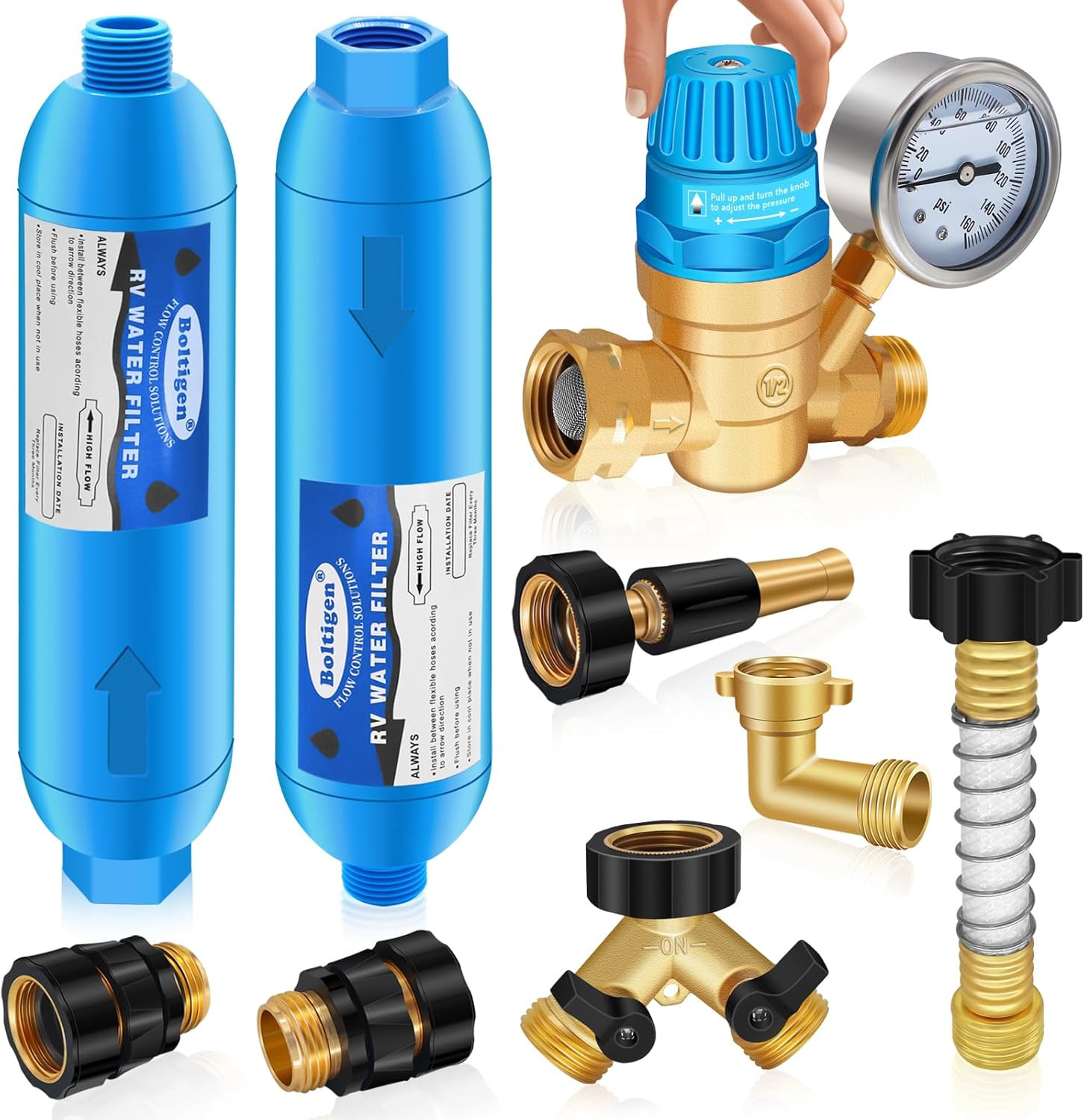 RV Water Pressure Regulator Kit, RV Fresh Water Hose Kit with Inline Water Filte