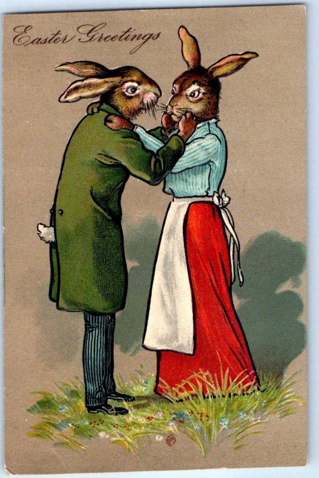 Dressed Romantic Rabbits~Antique  Anthropomorphic Easter Fantasy Postcard~s801