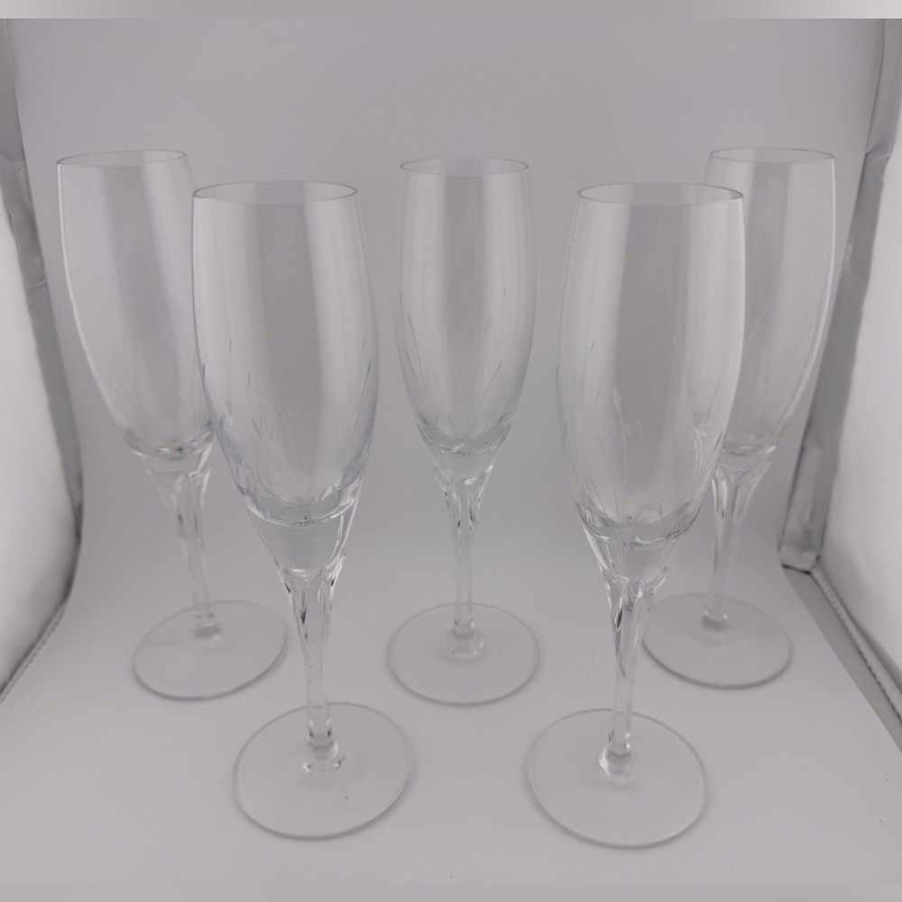 Jolie Gorham Crystal Fluted Etched Clear Champagne Flutes Set 5 Vintage