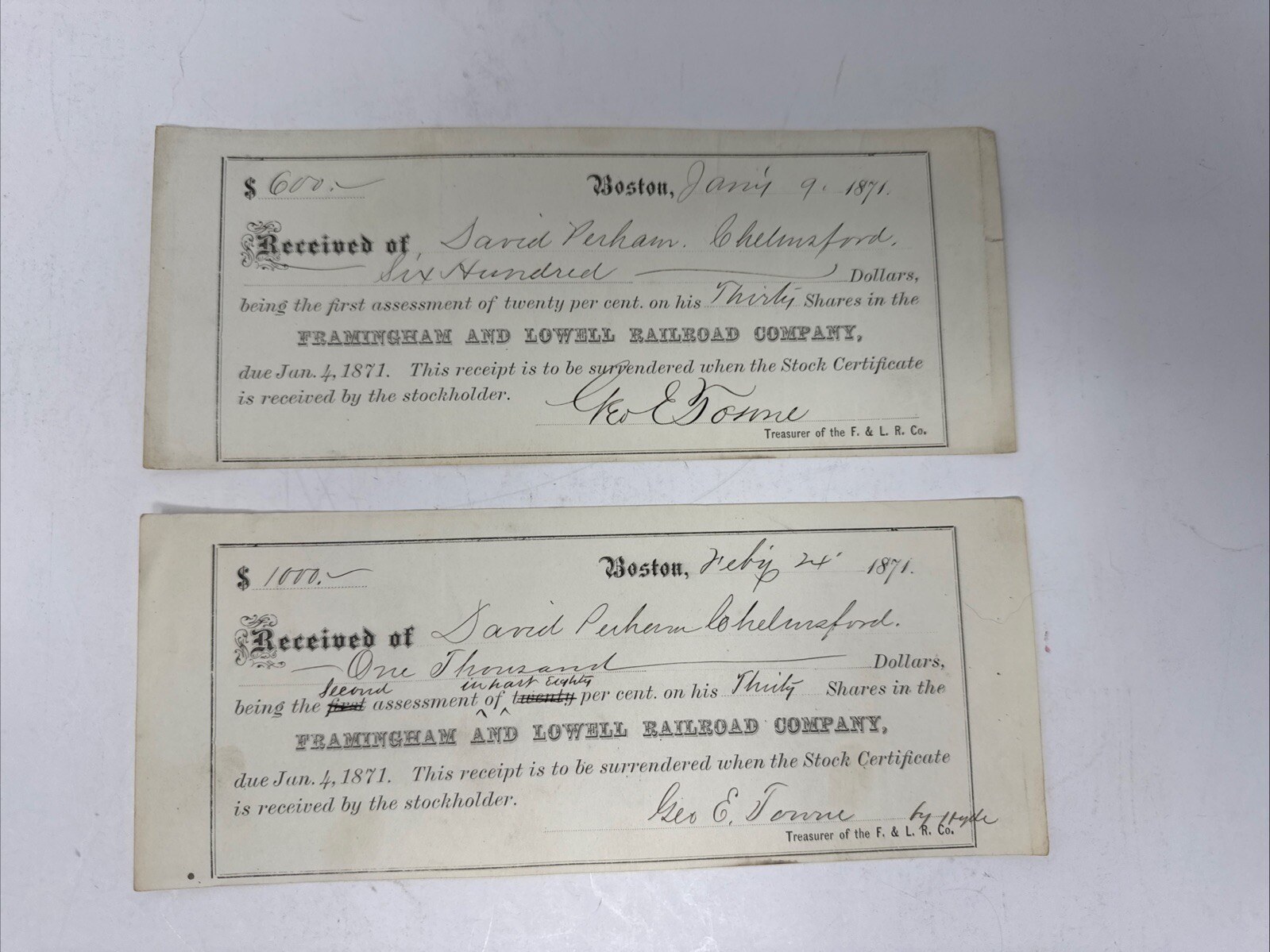 (2) 1871 Framingham and Lowell Railroad Company Stock Receipt Ephemera Boston