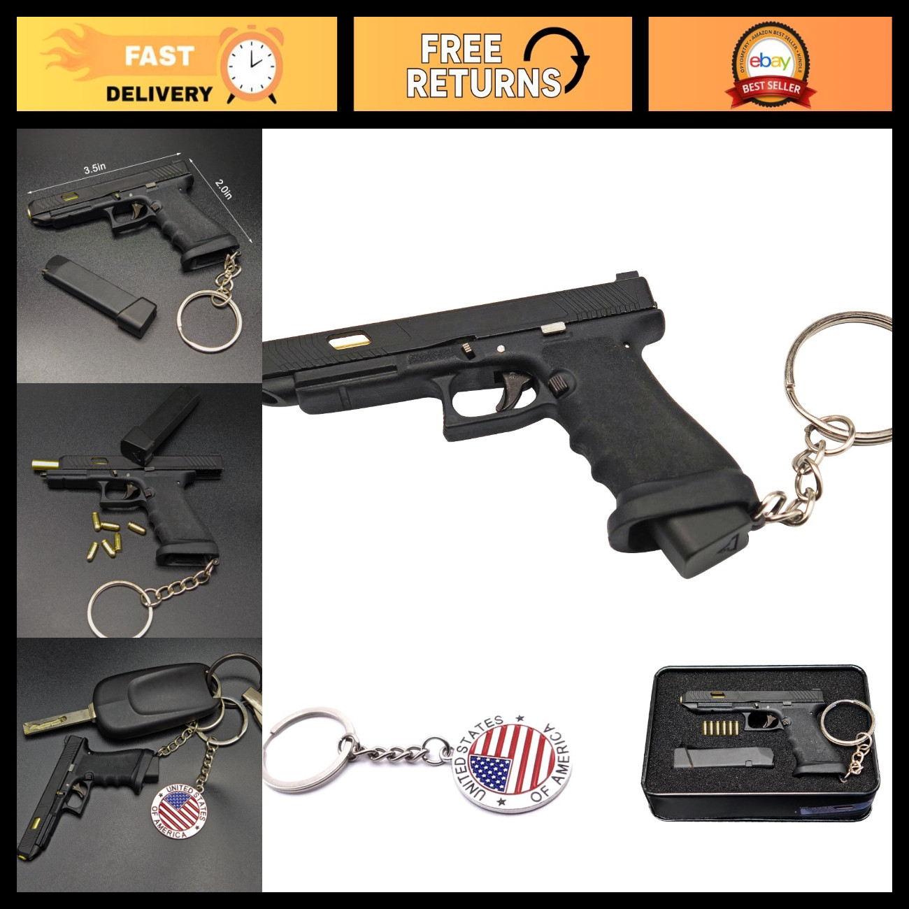 Mini Gun Keychain - Tiny Pistol Pendant, Cool Novelty Keychain for Men, Black