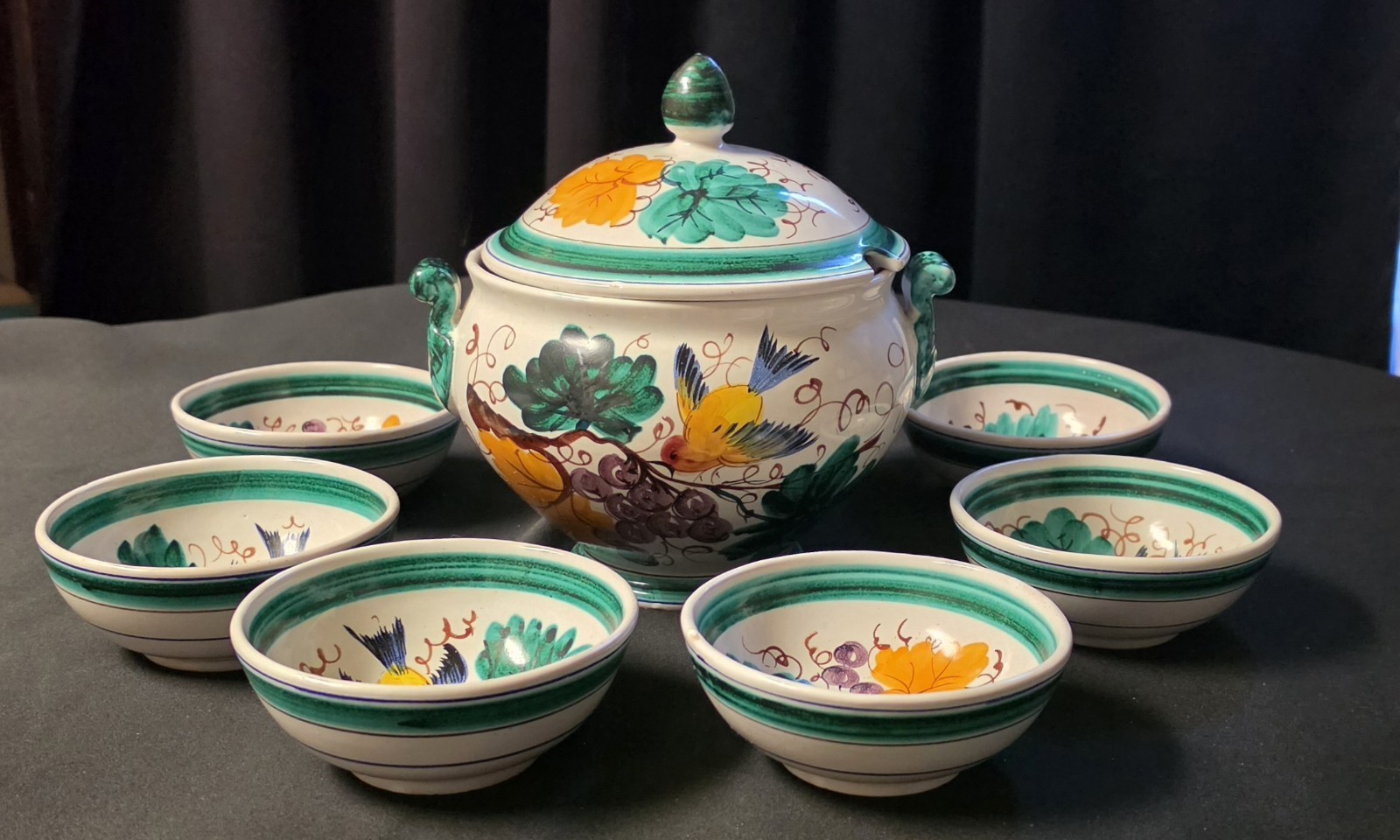 VTG Italian Majolica Soup Tureen 7 Fruit Bowls Peasant Village PV Glaze Flakes