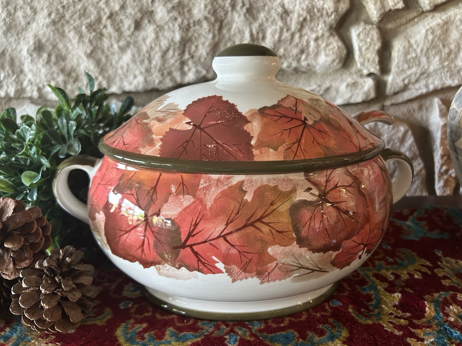 WCL Autumn Leaf Ceramic Soup Tureen with Lid Ladle Fall Harvest Thanksgiving
