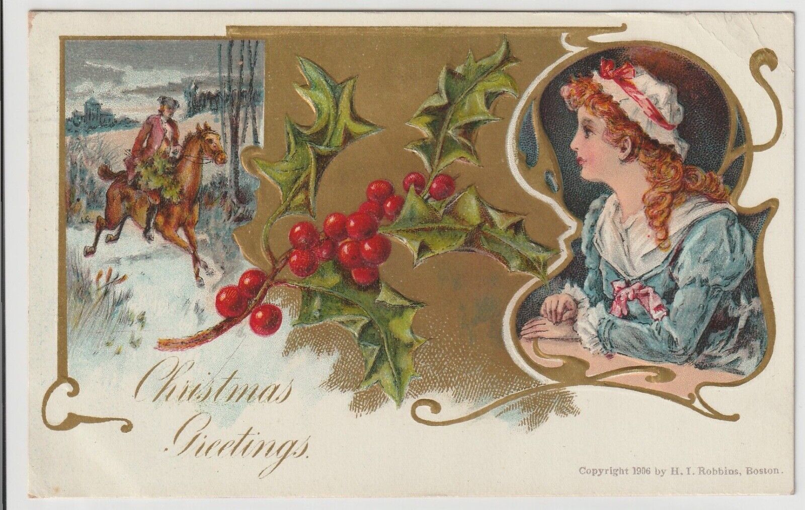 Vintage Christmas Postcard:  Wife Waiting for Husband to Arrive Home - c. 1907