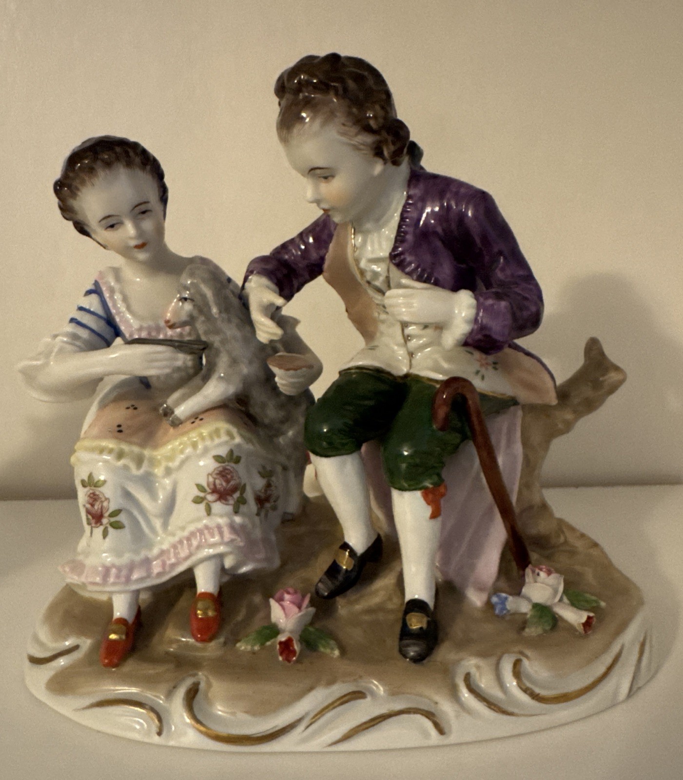 VINTAGE ROYAL Stamped German Porcelain Victorian Couple Sitting w/lamb Floral