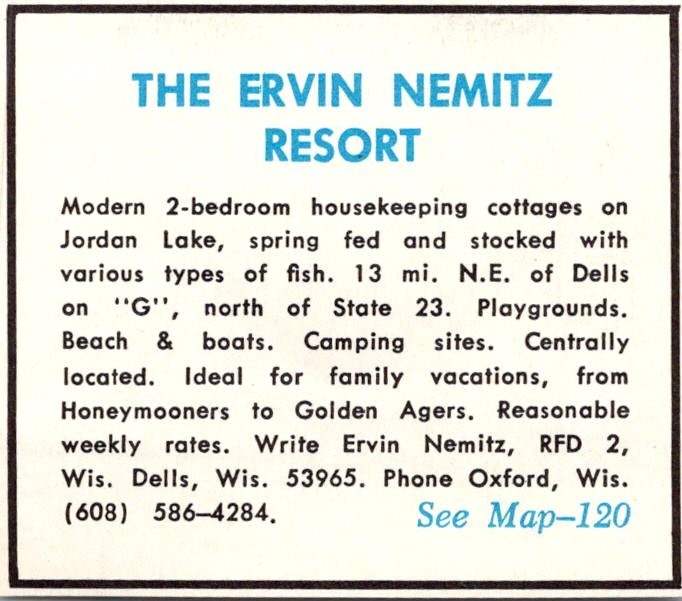 The Ervin Nemitz Resort Jordan Lake Ervin Nemitz Oxford WI c1970 WI Ad TAK5-S27