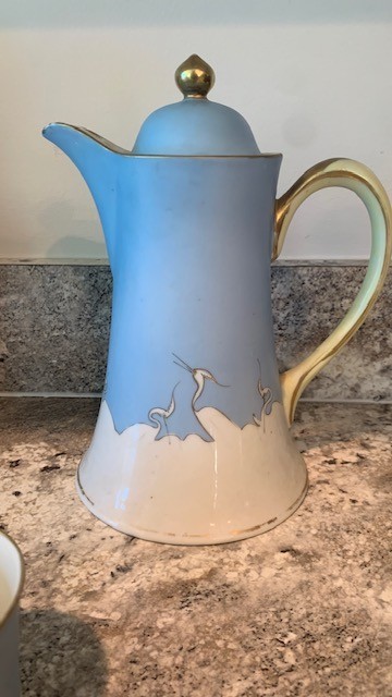 Antique Nippon Choc/Coffee SET Royal Crown Kinran Blue Shofu Crane.
