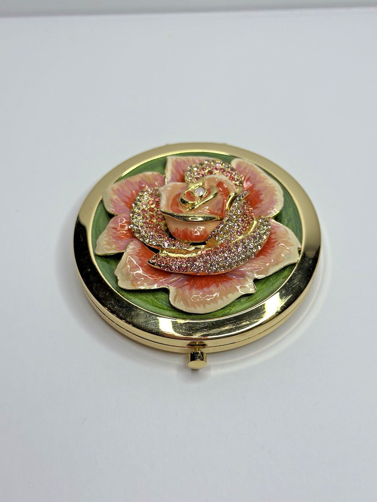 VTG Jay Strongwater Round Floral Pink ROSE Gold Mirror Compact Swarovski Crystal