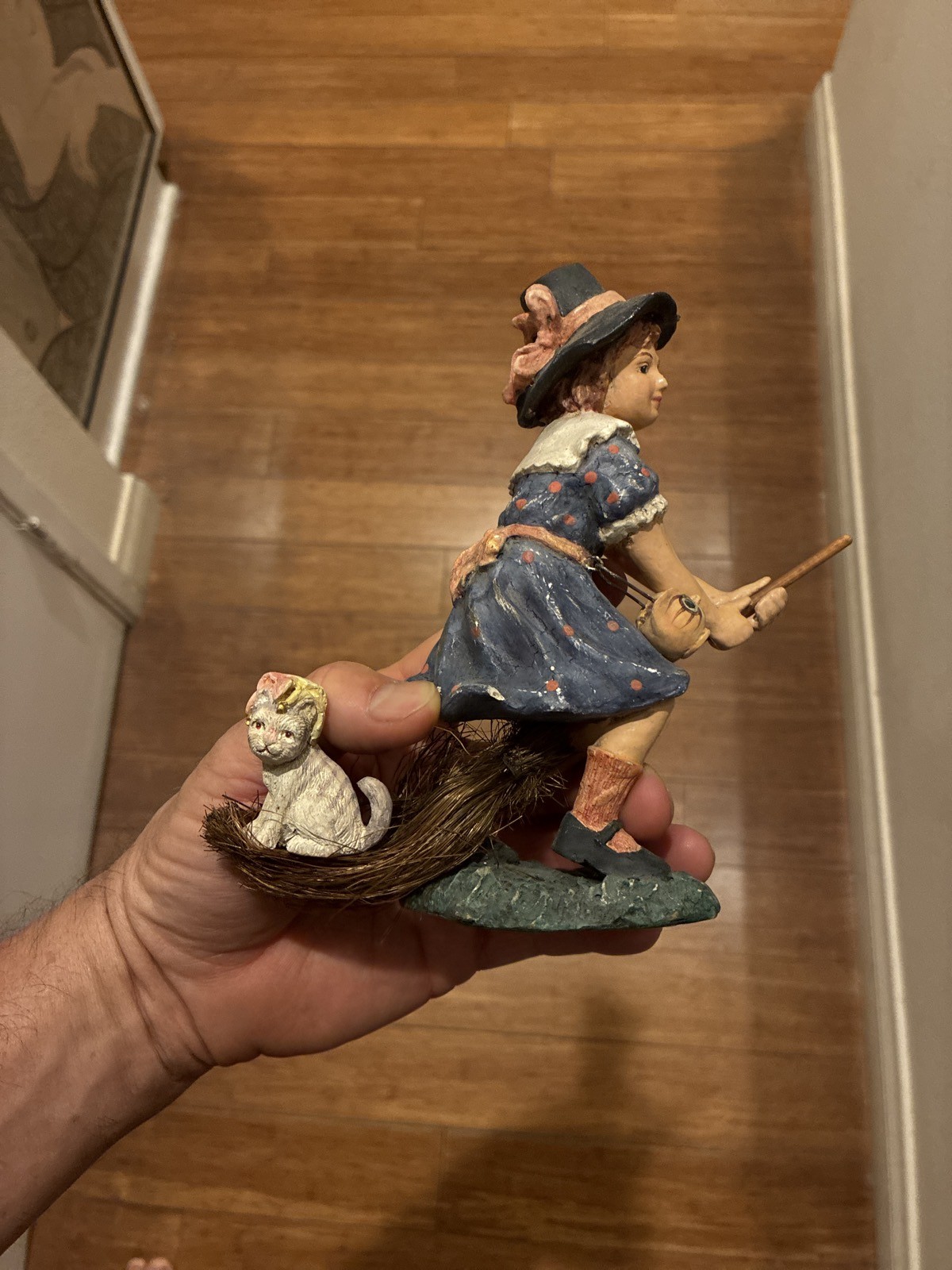 Bethany Lowe Designs Witch Girl Riding Broom Figurine with Cat
