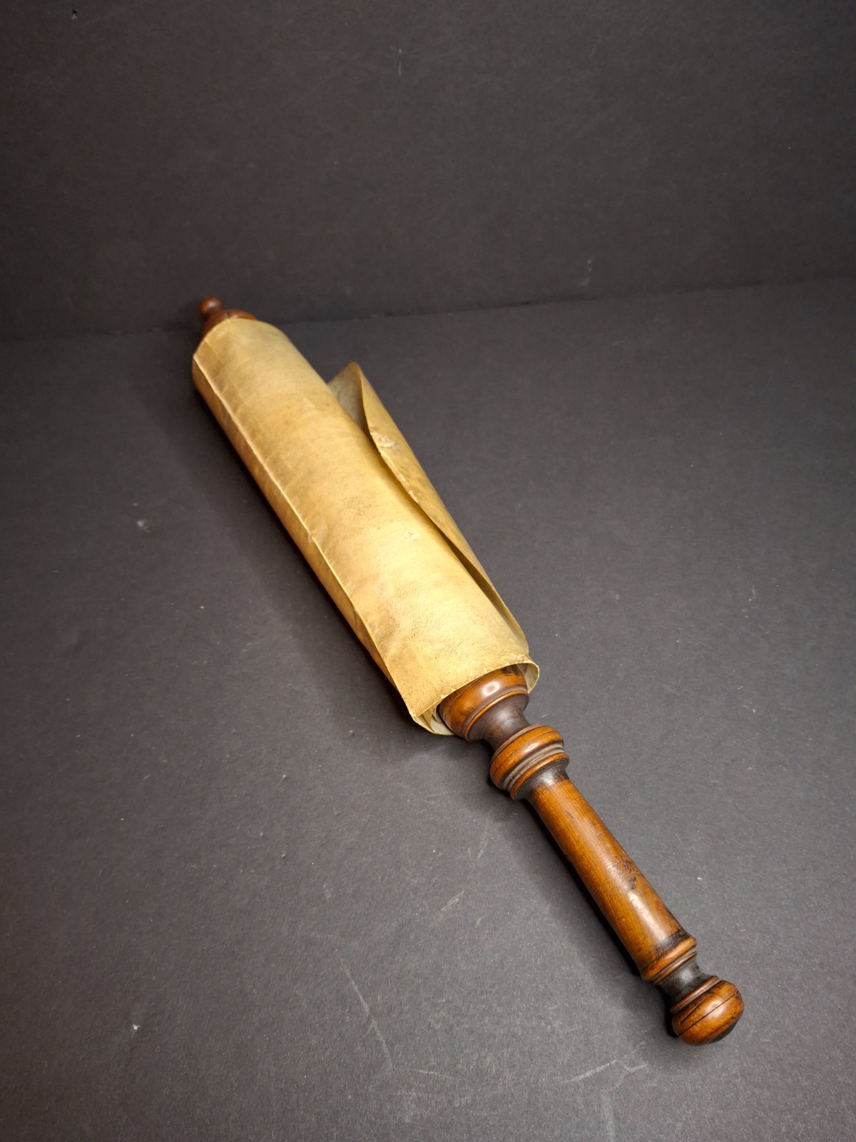 Antique 19th C Megillat Esther Parchment Scroll Ashkenazi Script Wood Roller