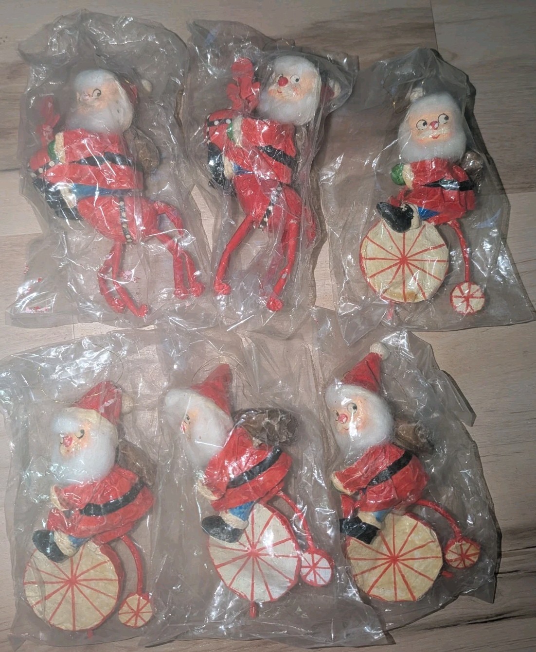 VTG 60s Christmas Ornaments Paper Mache Santa Claus Riding Reindeer & Tricycle