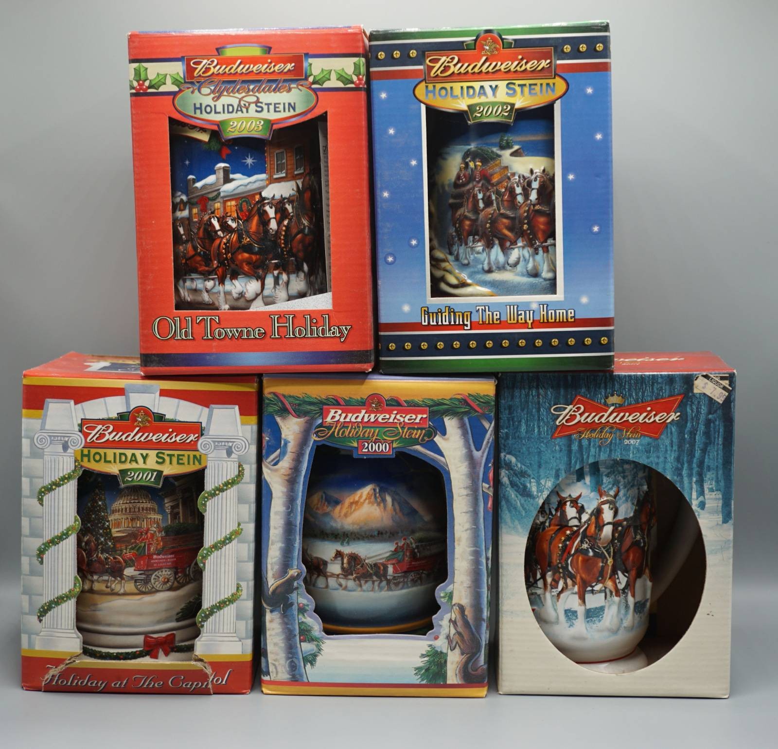 5x Budweiser Holiday Stein Lot with Boxes & COA - 2000-2003, 2007-5mzr