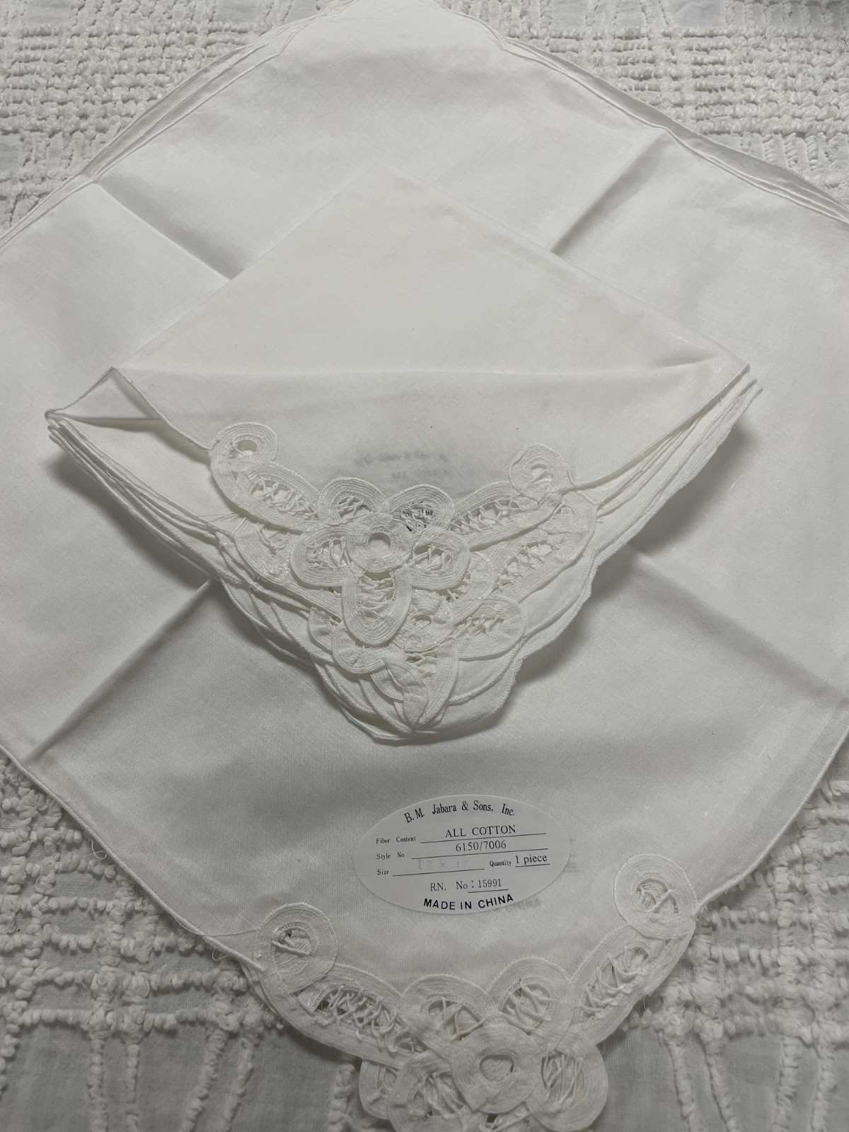 Vintage BM Jabara Batenburg Trimmed White Cotton Placemats & Napkins NOS