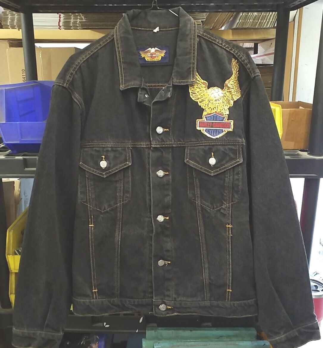 Harley Davidson Branded Black Denim Jacket Vintage Eagle Front And Back Size Med