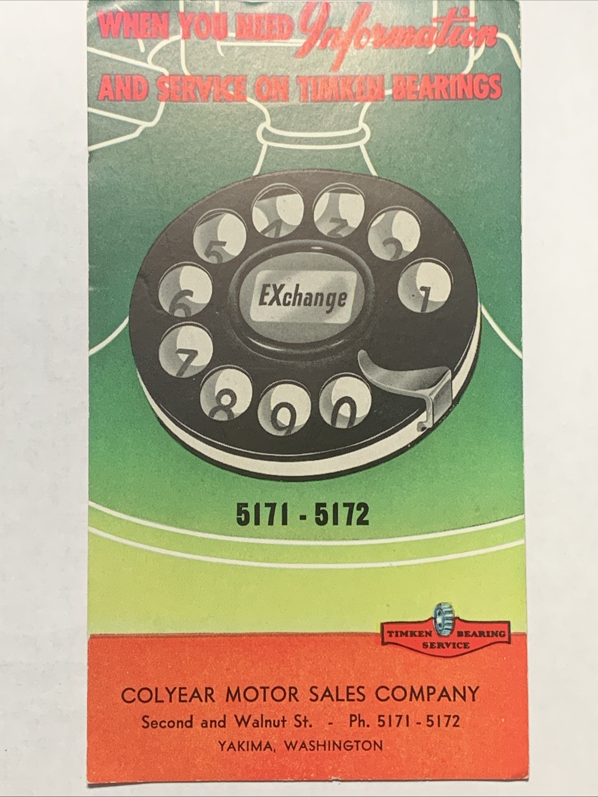 Timken Bearings vintage print ad 4 Digit Phone # Colyear Motor Yakima Washington