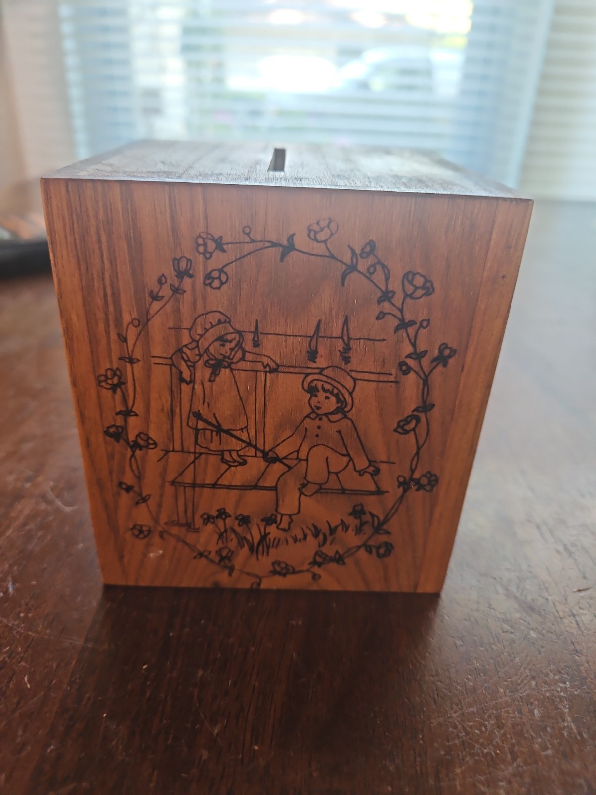 Vintage 1979 Toystalgia Wooden Bank  Music Box Pyrography  Art Works