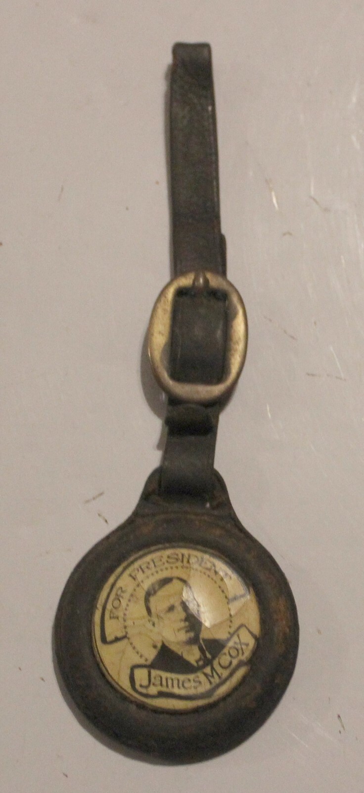 James M Cox for President Real Photo Watch Fob Button Leather Rare Political