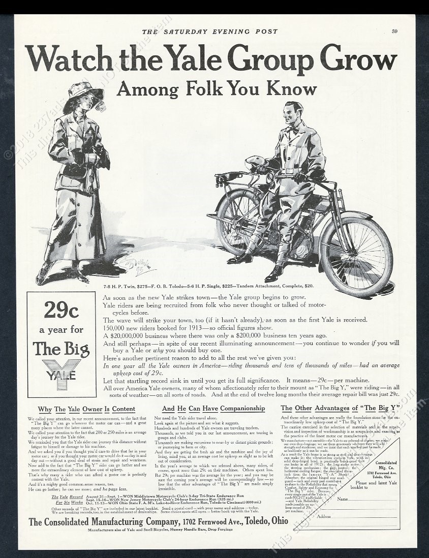 1912 Yale motorcycle tandem art vintage print ad