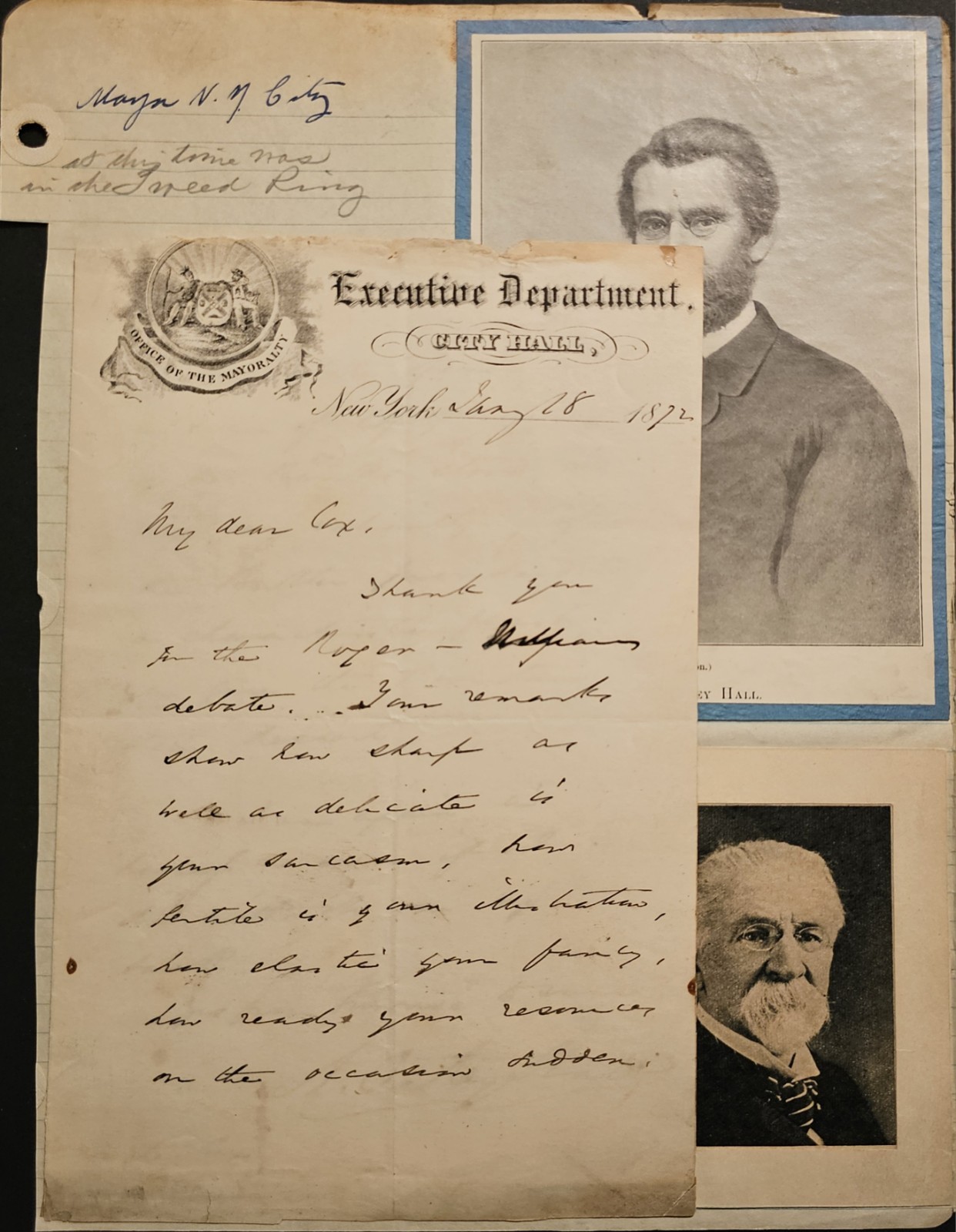 1872 A. Oakey Hall NYC Mayor ALS Signed Letter Tweed Ring Tammany Hall