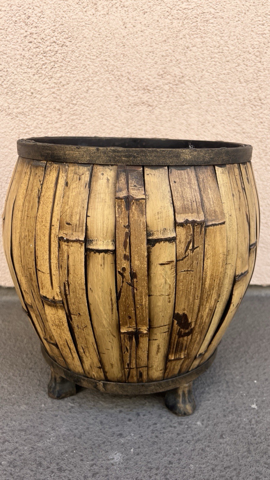 Antique Large Bamboo Container/Planter With Heavy Metal Frame