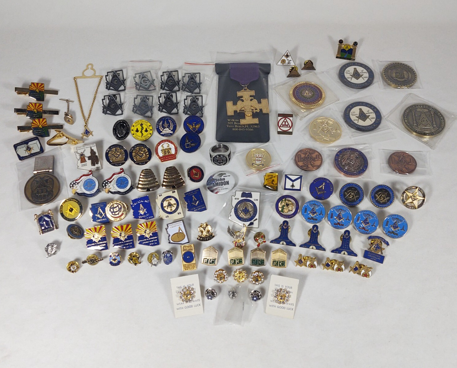 Huge Lot Freemason Masonic Memorabilia Ring Medals Coins Clasps Pins + Box