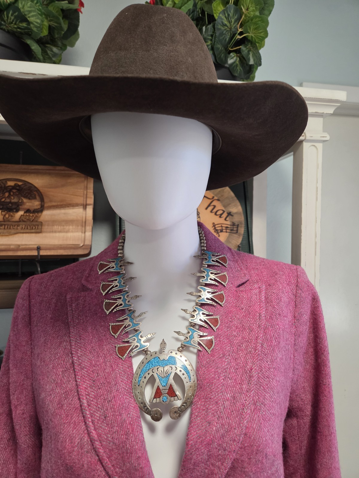 Stunning 1970s Navajo Sterling 925 Peyote Bird Squash Blossom Necklace 157.9 gms