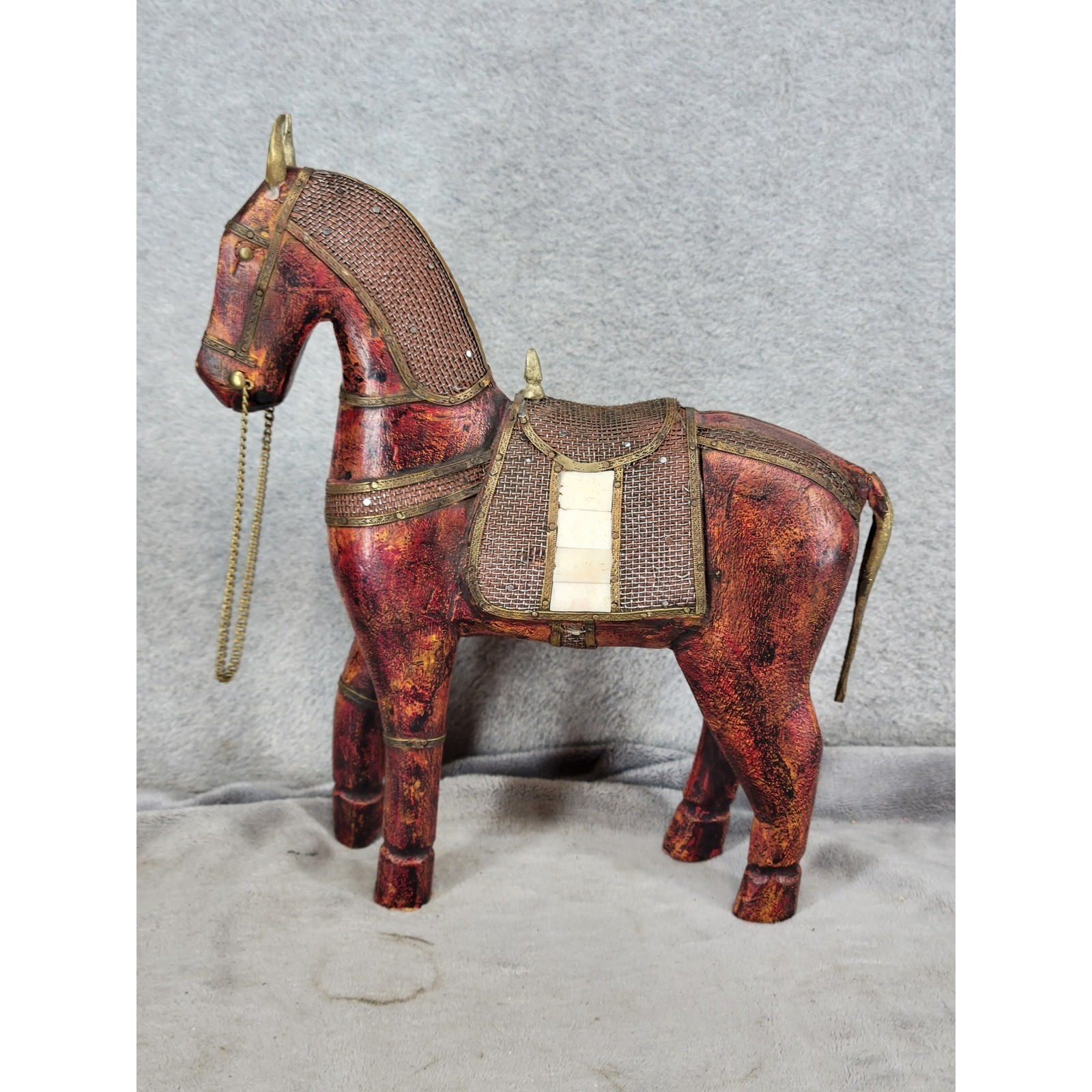 Beautiful Majestic Carved Wooden Horse Figurine 12” Tall with Rein & Saddle