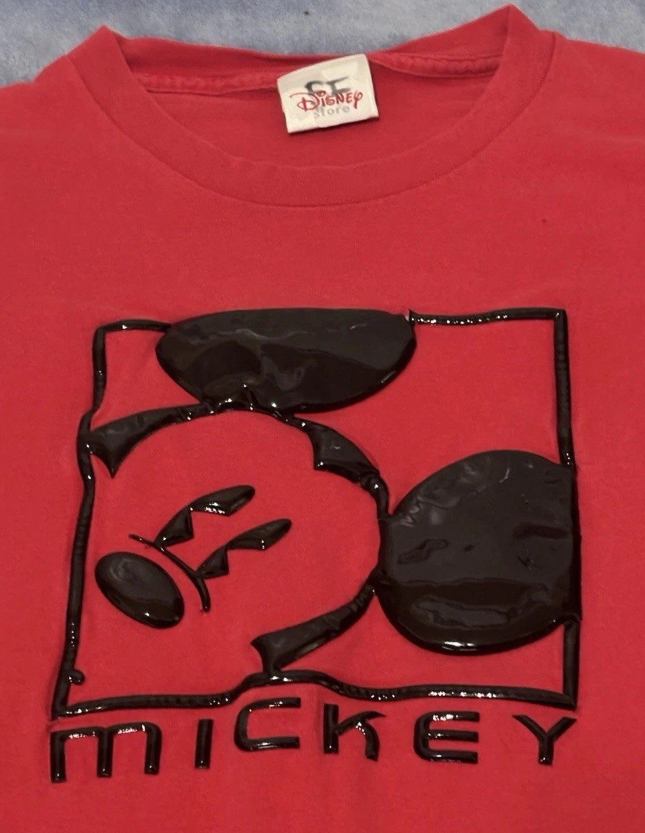 Vintage Disney Store Mickey Mouse T-Shirt Adult M Red Plastic/Puff Print Y2K