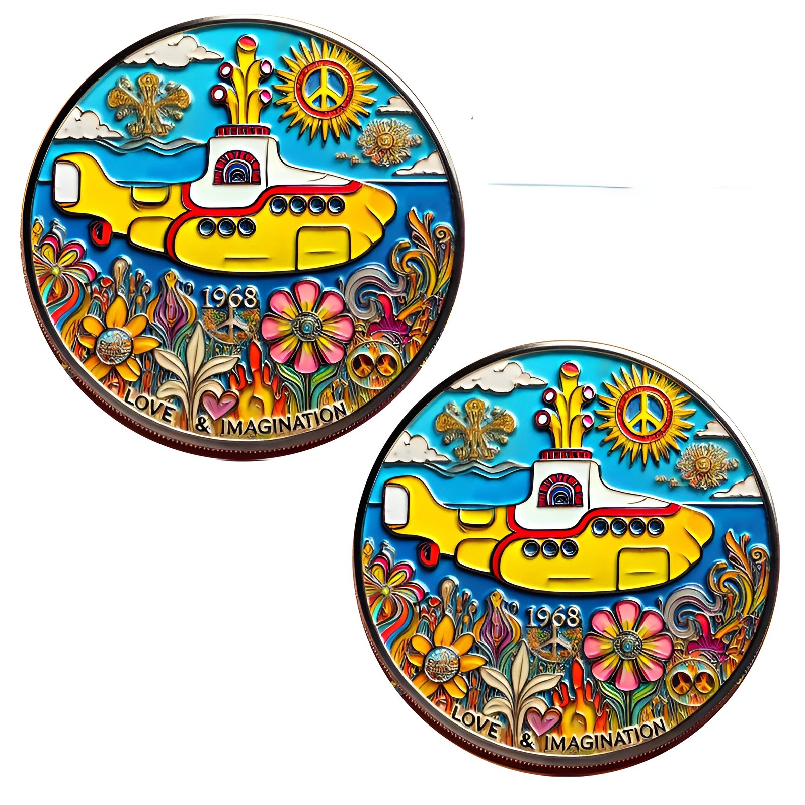Yellow Submarine Coin 1968 Peace Love & Imagination Psychedelic Challenge Coin